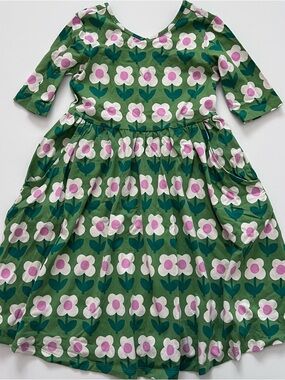 Hanna Andersson Green Floral Print Kids Girls Dress with Pink Accents size 8